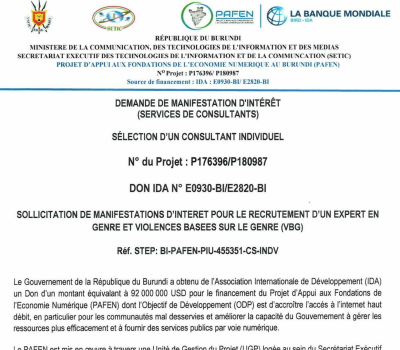 Sollicitation de manifestation d’interet pour le recrutement d’un expert en genre et violences basées sur le genre (VBG)