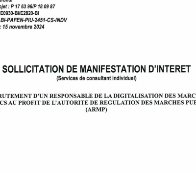 Sollicitation de manifestation d’intérêt pour le recrutement d’un responsable de la digitalisation des marchés publics au profit de l’Autorité de Régulation des Marchés Publics (ARMP).