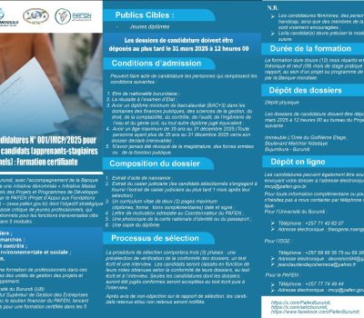 Avis d’appel à candidatures pour le recrutement de candidats (apprenant-stagiaires professionnels) : Formation certifiante